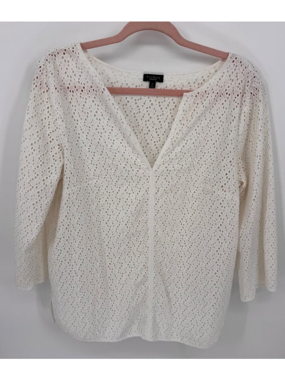Talbots Womens White Eyelet Lace 3/4 Sleeve Pullover Blouse Size Medium